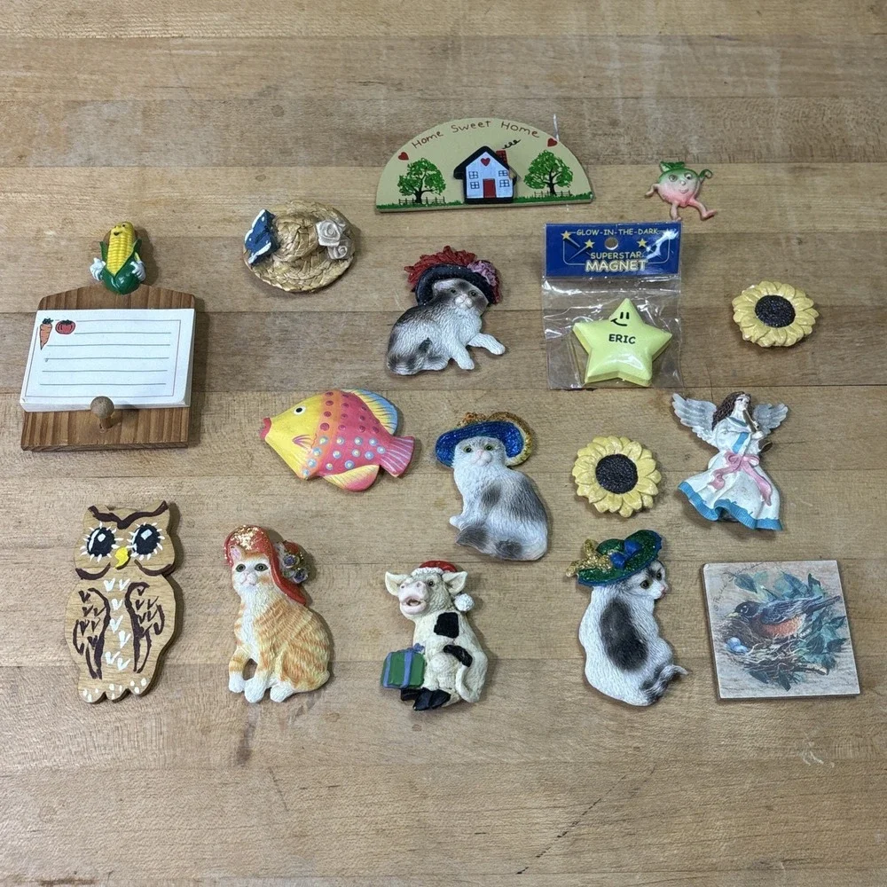 Lot of 16 Vintage Fridge Magnets MCM Farmhouse Cottagecore Owl Angel Cat Fish